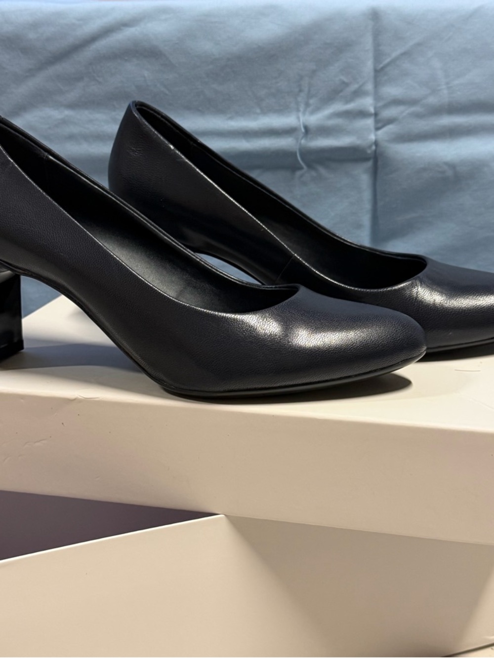 Calvin Klein Deep Blue Round-Toe Mid Block Heel Pumps